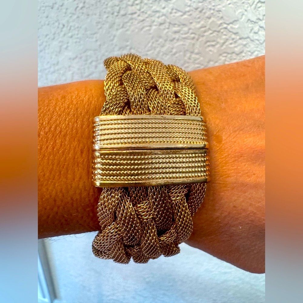 Gold-Tone Wide Braided Mesh Bracelet w/ Textured Magnetic Clasp – 6.5”